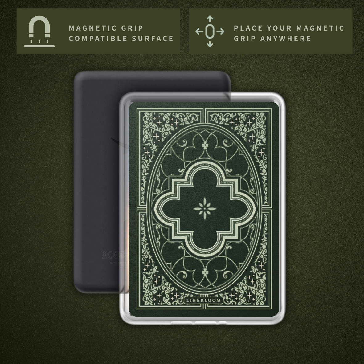 Clear Kindle case with a deep green and sage botanical design and a fully magnetic back