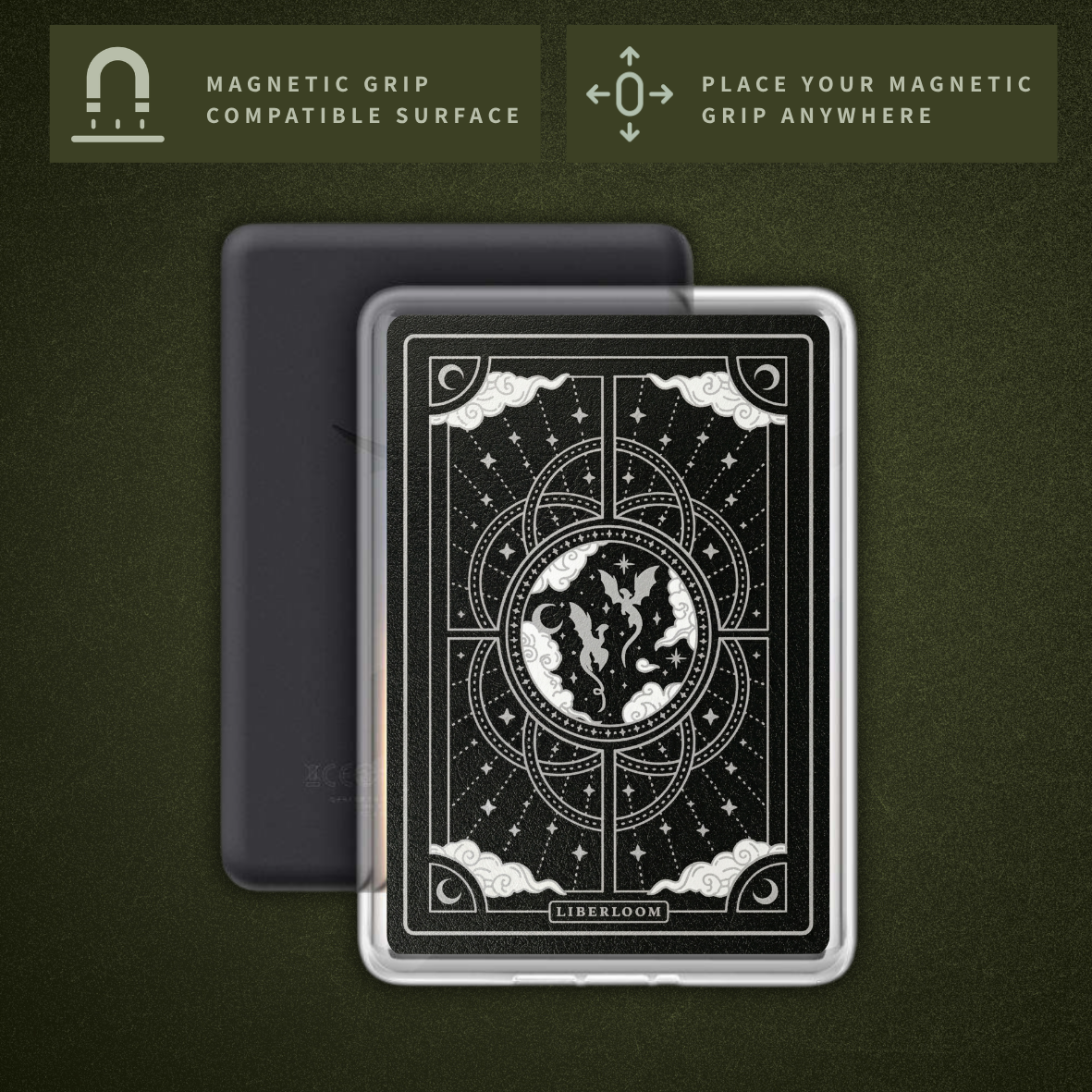 Clear Kindle case with a black and silver dragon design and a fully magnetic back