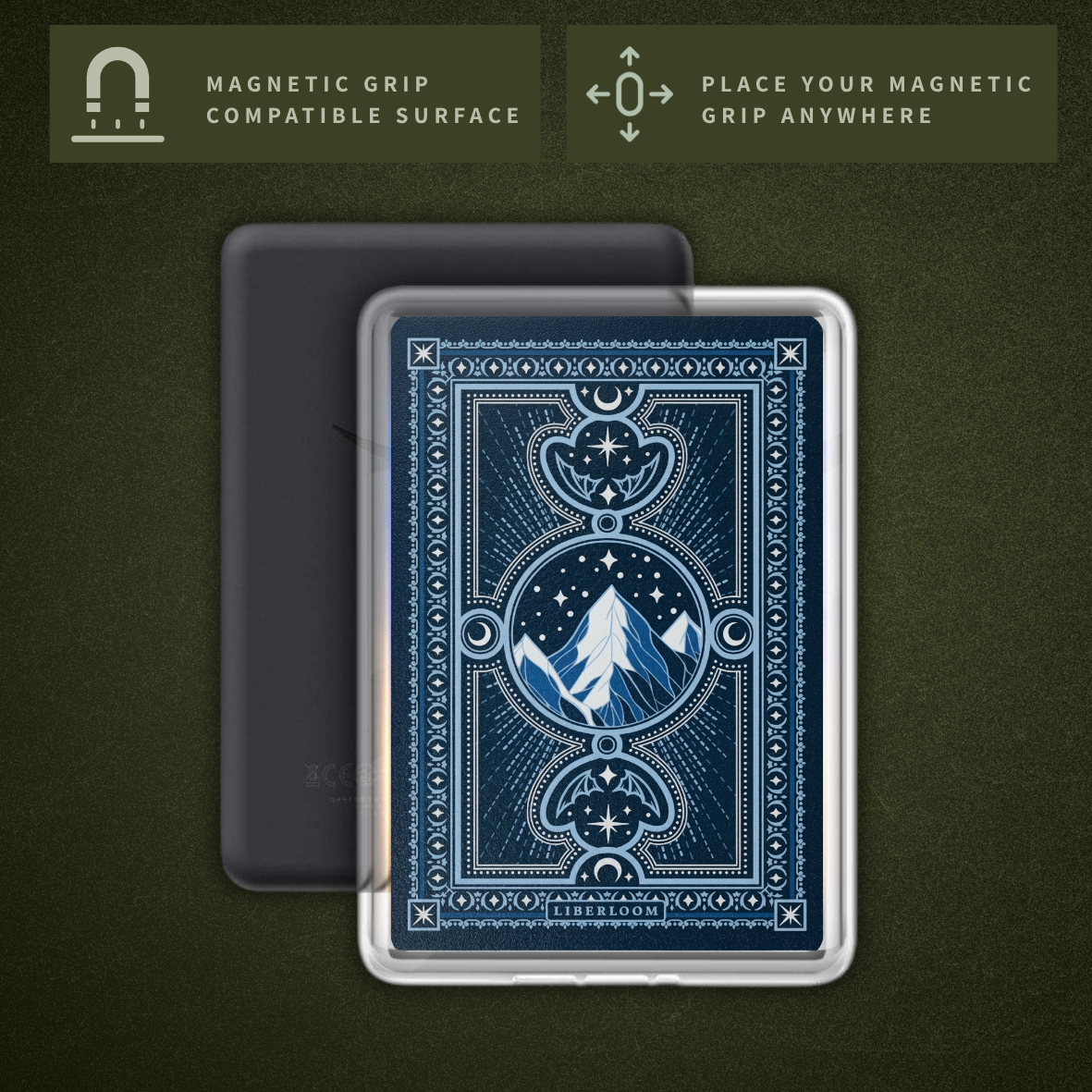 Clear Kindle case with a navy and blue starlit mountain design and a fully magnetic back